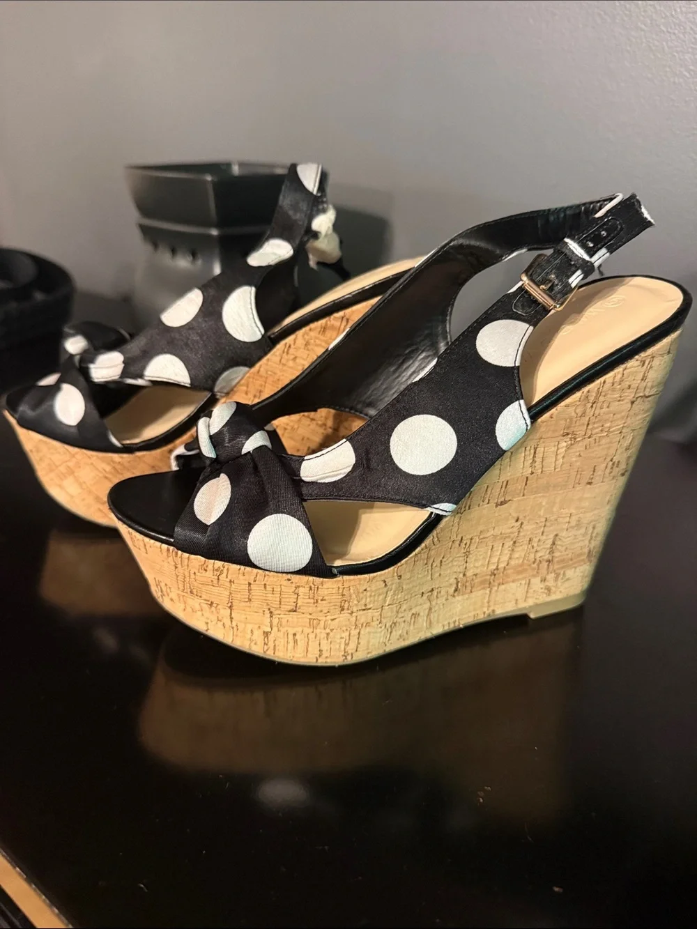 Wild Diva Black and White Polka Dot Cork Wedge Sandals